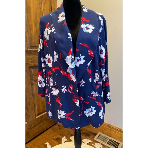 Roz & Ali Jacket Navy Red Open Front  Size 1X Dressy Casual Stylish Buttons Cuff - Picture 3 of 9